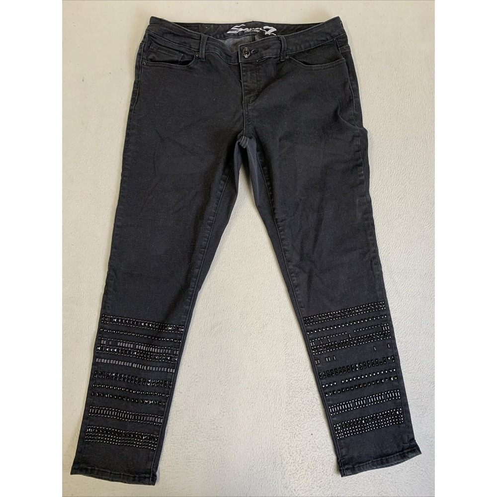 Seven 7 Luxe Jeans Women's Size‎ 16 Black Skinny Bedazzled From The Knee Down